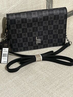 London Fog Collection Black Checker Logo Crossbody Bag